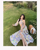 Retro Pastoral Style Skirt with Slanted Shoulders and Pleated Sexy Slit Holiday Floral Dress